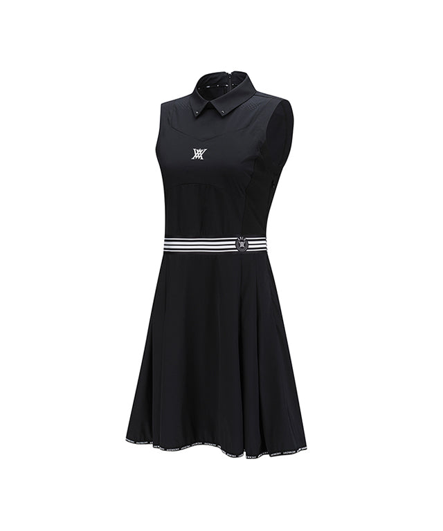 ANEW Golf Women Sleeveless Flare One Piece in Black, showcasing its stylish design and perforated fabric.